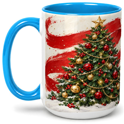 #pl[15oz|Blue] Classic Christmas Tree Accent Mug, Ceramic Cup with Red Gold Art