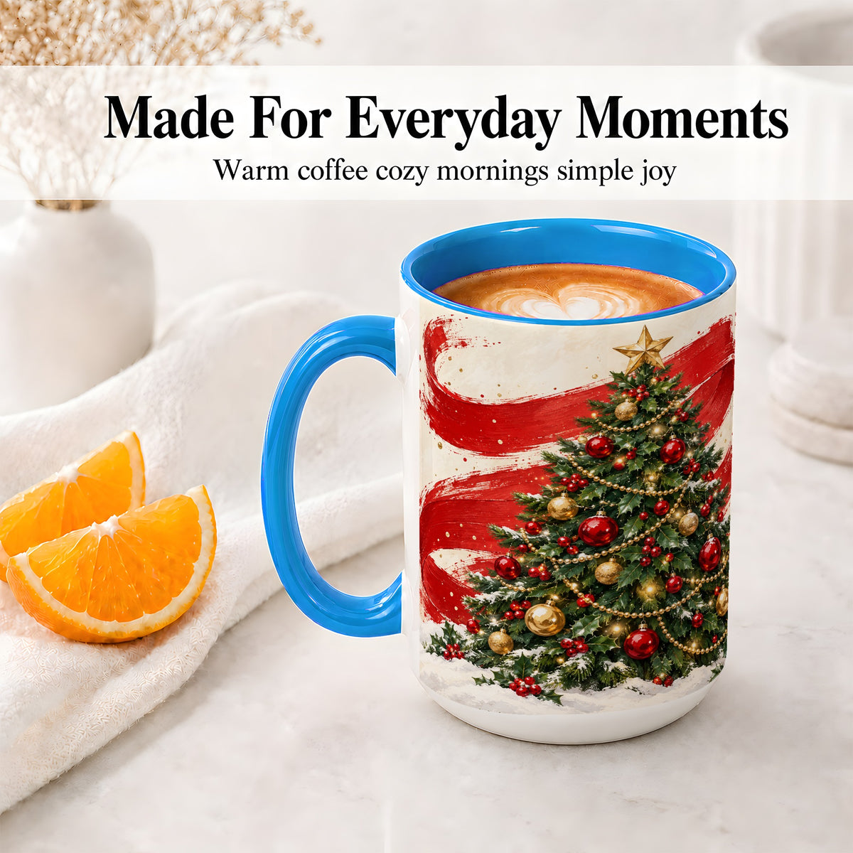 #pl[15oz|Blue] Classic Christmas Tree Accent Mug, Ceramic Cup with Red Gold Art