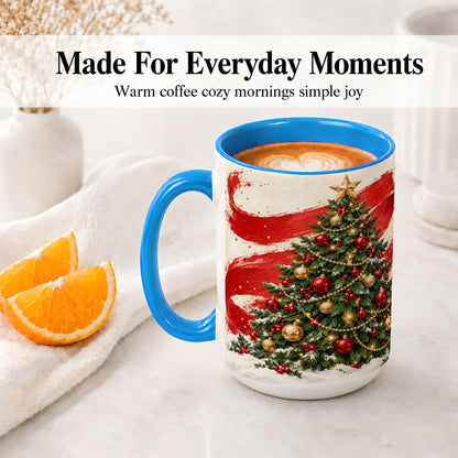 #pl[15oz|Blue] Classic Christmas Tree Accent Mug, Ceramic Cup with Red Gold Art