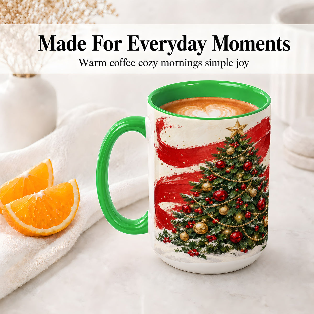 #pl[15oz|Green] Classic Christmas Tree Accent Mug, Ceramic Cup with Red Gold Art