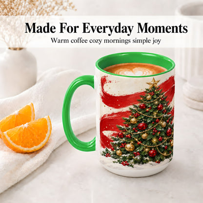 #pl[15oz|Green] Classic Christmas Tree Accent Mug, Ceramic Cup with Red Gold Art