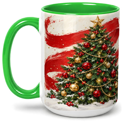 #pl[15oz|Green] Classic Christmas Tree Accent Mug, Ceramic Cup with Red Gold Art