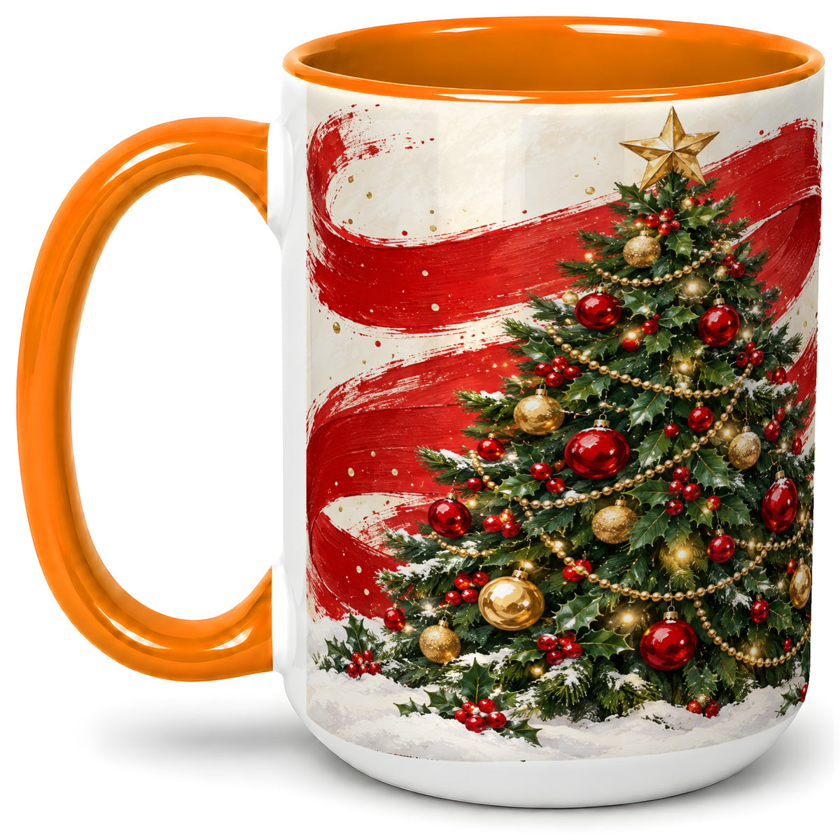 #pl[15oz|Orange] Classic Christmas Tree Accent Mug, Ceramic Cup with Red Gold Art