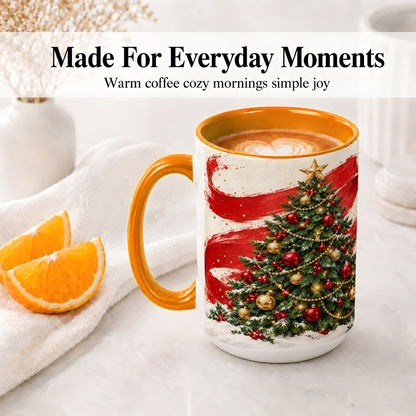 #pl[15oz|Orange] Classic Christmas Tree Accent Mug, Ceramic Cup with Red Gold Art