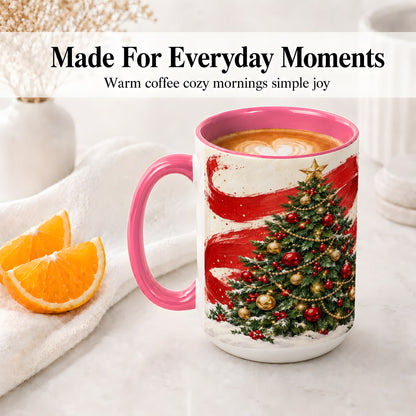 #pl[15oz|Pink] Classic Christmas Tree Accent Mug, Ceramic Cup with Red Gold Art