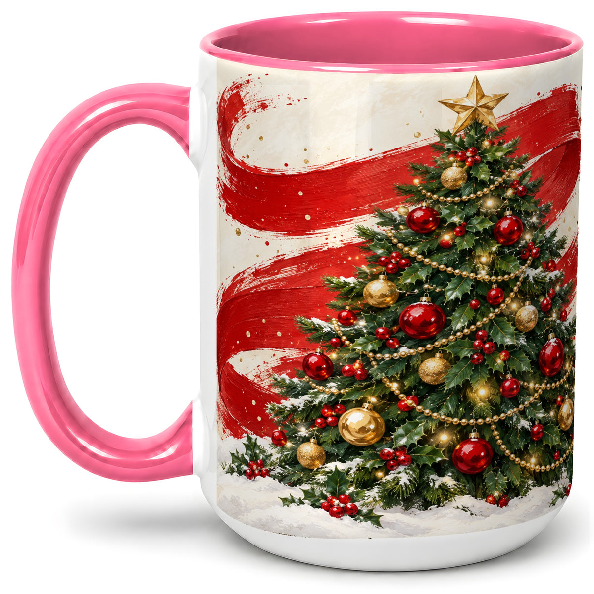 #pl[15oz|Pink] Classic Christmas Tree Accent Mug, Ceramic Cup with Red Gold Art