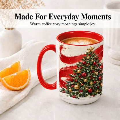 #pl[15oz|Red] Classic Christmas Tree Accent Mug, Ceramic Cup with Red Gold Art