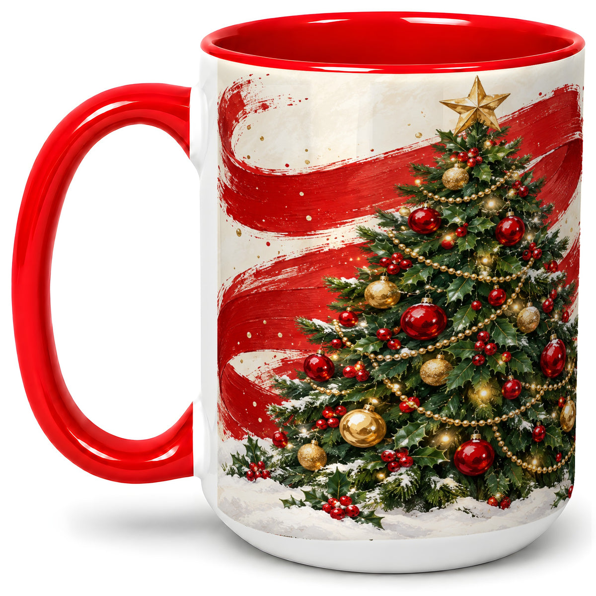 #pl[15oz|Red] Classic Christmas Tree Accent Mug, Ceramic Cup with Red Gold Art