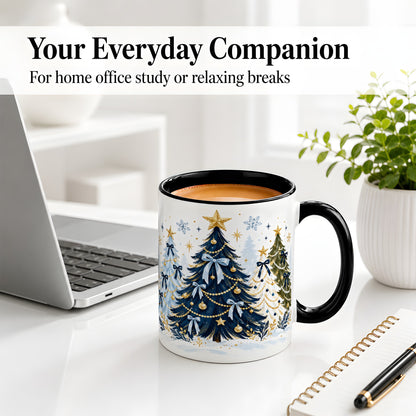 #pl[11oz|Black] Navy Blue Christmas Trees Accent Mug, Ceramic Holiday Coffee Cup