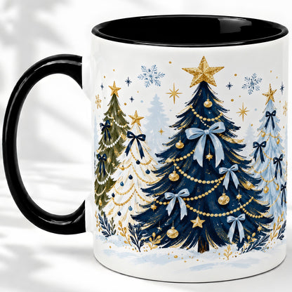 #pl[11oz|Black] Navy Blue Christmas Trees Accent Mug, Ceramic Holiday Coffee Cup