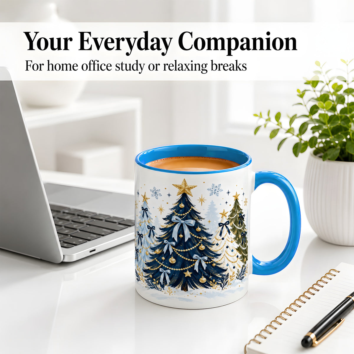 #pl[11oz|Blue] Navy Blue Christmas Trees Accent Mug, Ceramic Holiday Coffee Cup