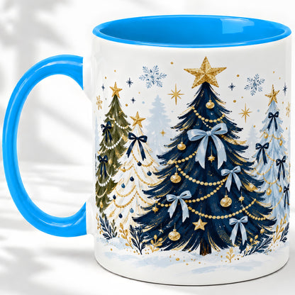 #pl[11oz|Blue] Navy Blue Christmas Trees Accent Mug, Ceramic Holiday Coffee Cup