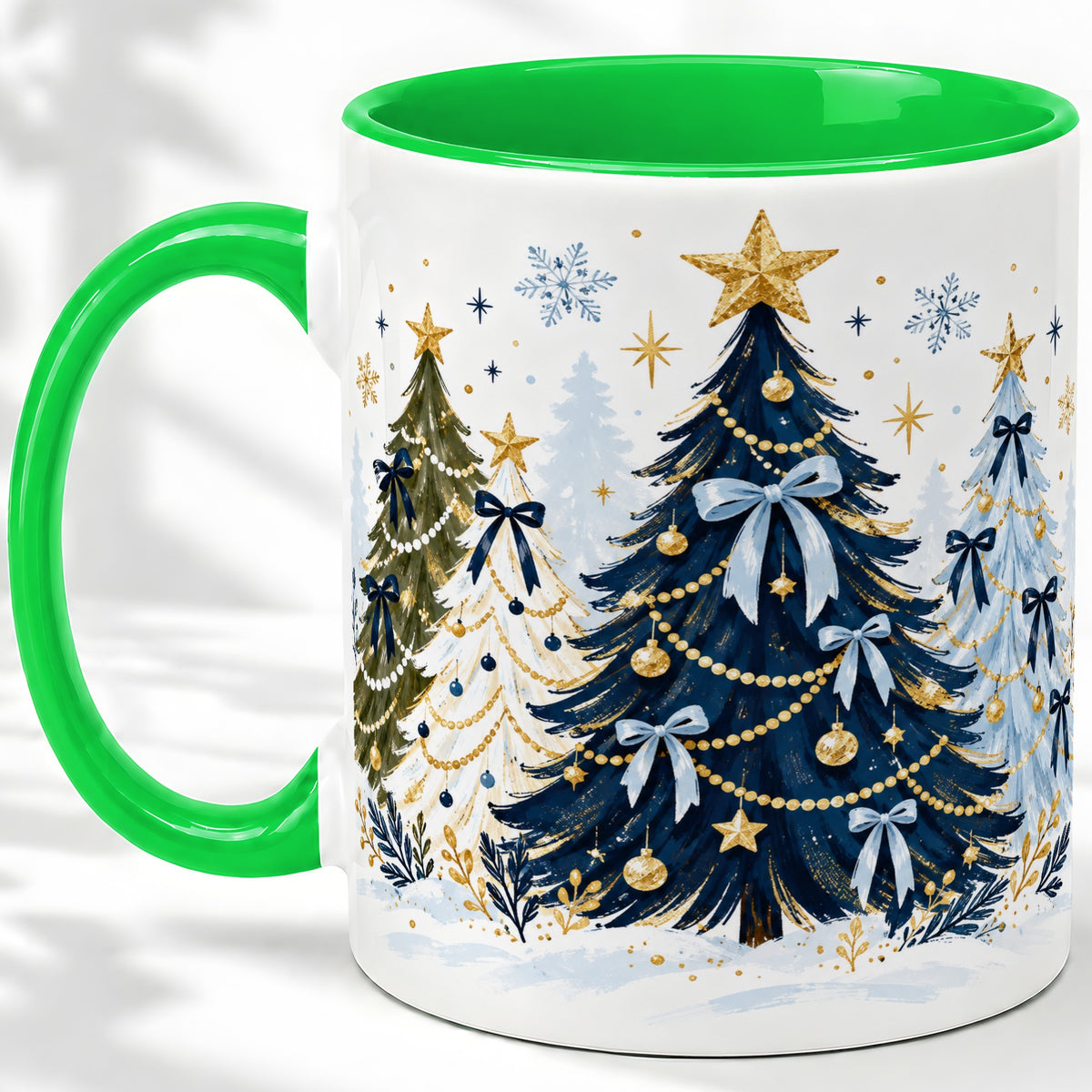 #pl[11oz|Green] Navy Blue Christmas Trees Accent Mug, Ceramic Holiday Coffee Cup