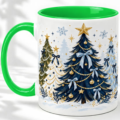 #pl[11oz|Green] Navy Blue Christmas Trees Accent Mug, Ceramic Holiday Coffee Cup