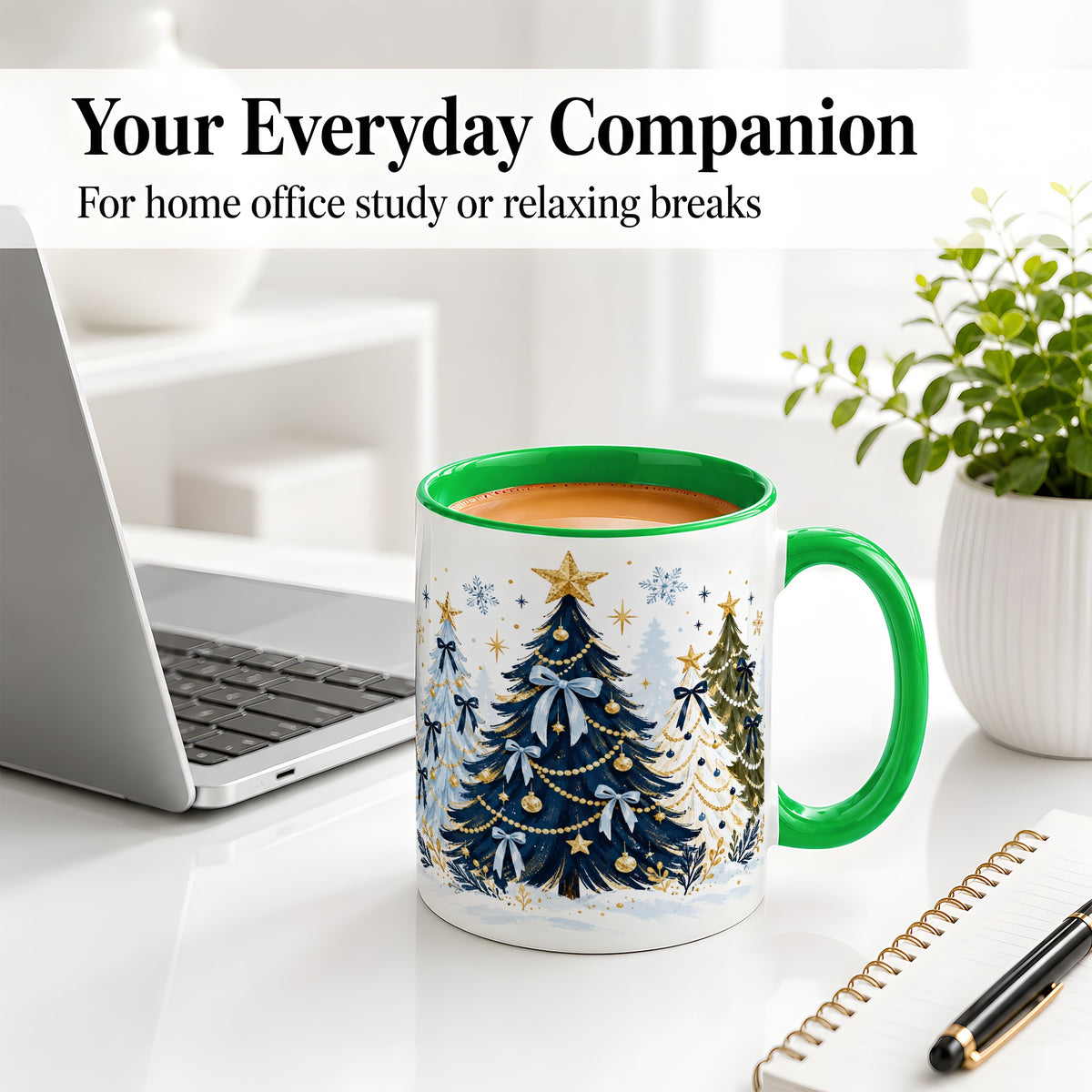 #pl[11oz|Green] Navy Blue Christmas Trees Accent Mug, Ceramic Holiday Coffee Cup