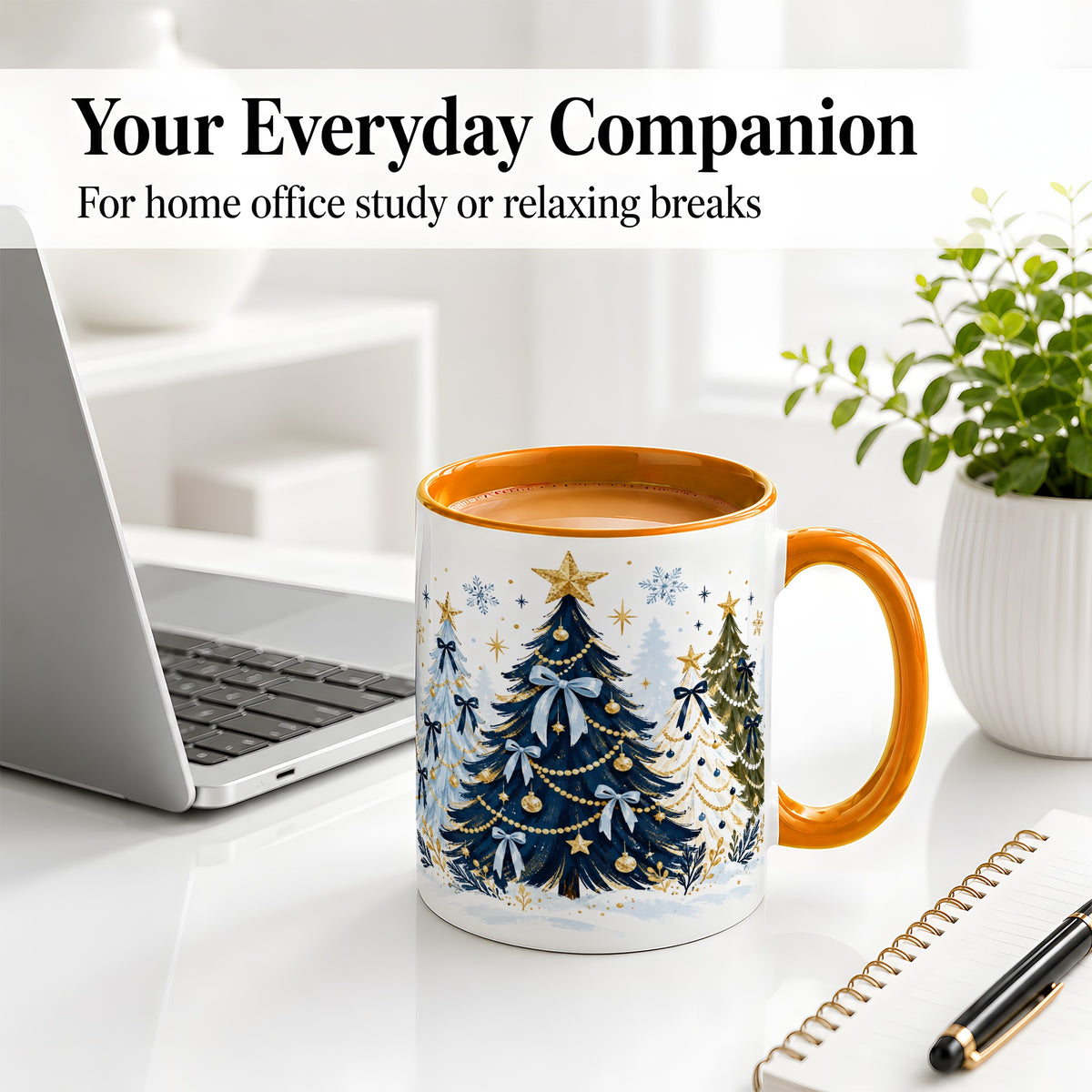 #pl[11oz|Orange] Navy Blue Christmas Trees Accent Mug, Ceramic Holiday Coffee Cup