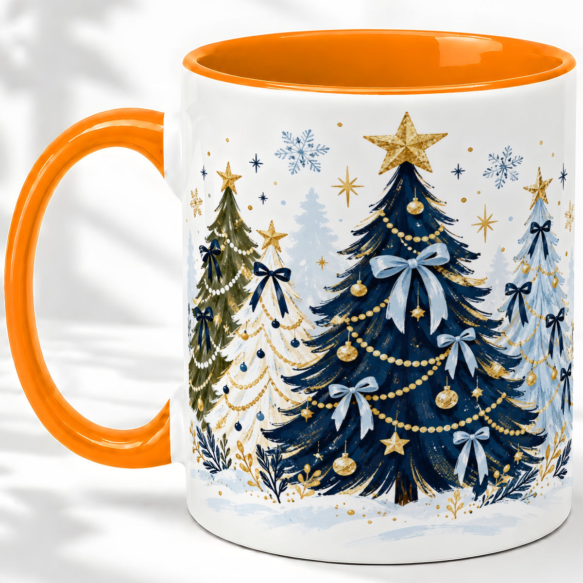 #pl[11oz|Orange] Navy Blue Christmas Trees Accent Mug, Ceramic Holiday Coffee Cup