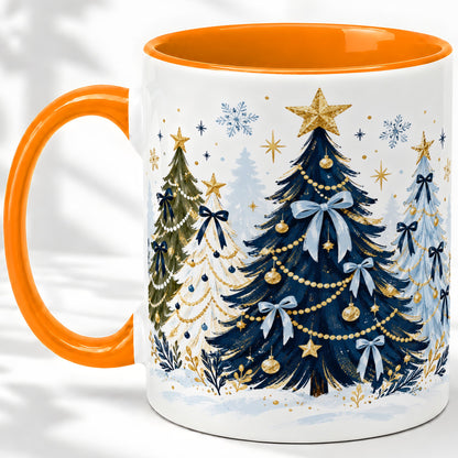 #pl[11oz|Orange] Navy Blue Christmas Trees Accent Mug, Ceramic Holiday Coffee Cup