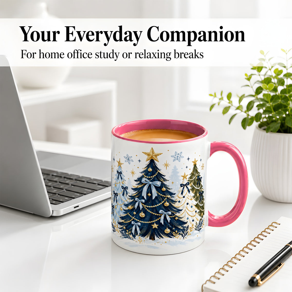 #pl[11oz|Pink] Navy Blue Christmas Trees Accent Mug, Ceramic Holiday Coffee Cup
