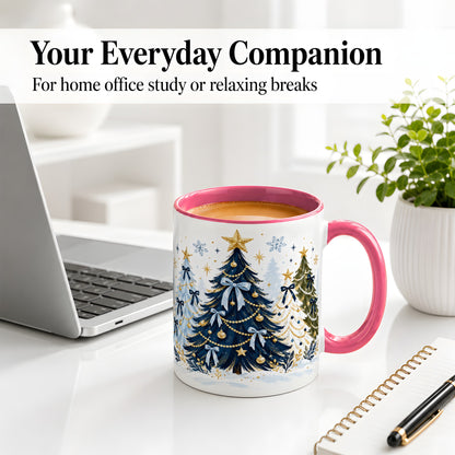 #pl[11oz|Pink] Navy Blue Christmas Trees Accent Mug, Ceramic Holiday Coffee Cup