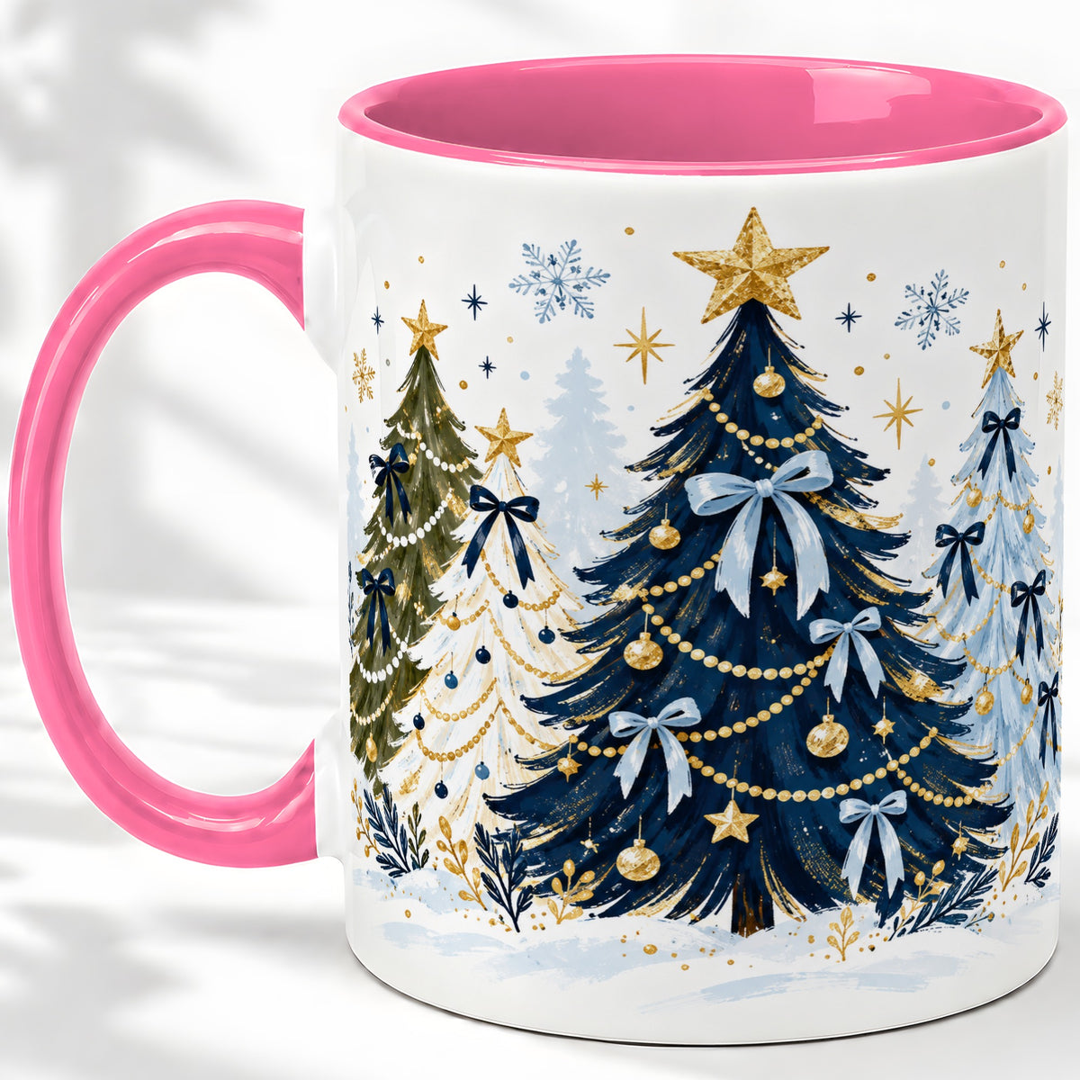 #pl[11oz|Pink] Navy Blue Christmas Trees Accent Mug, Ceramic Holiday Coffee Cup