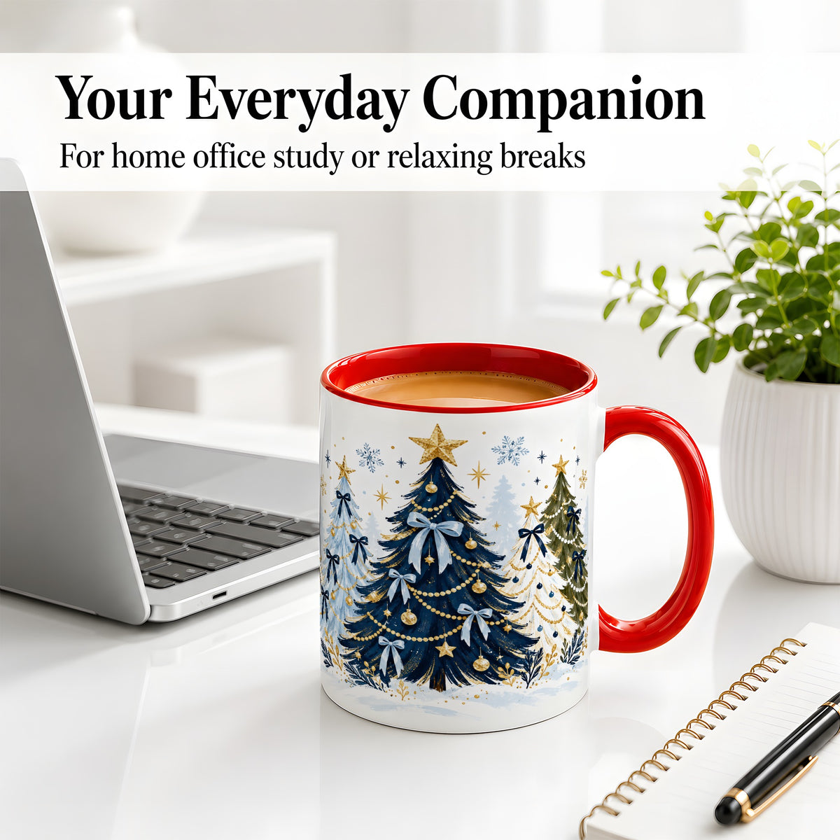 #pl[11oz|Red] Navy Blue Christmas Trees Accent Mug, Ceramic Holiday Coffee Cup