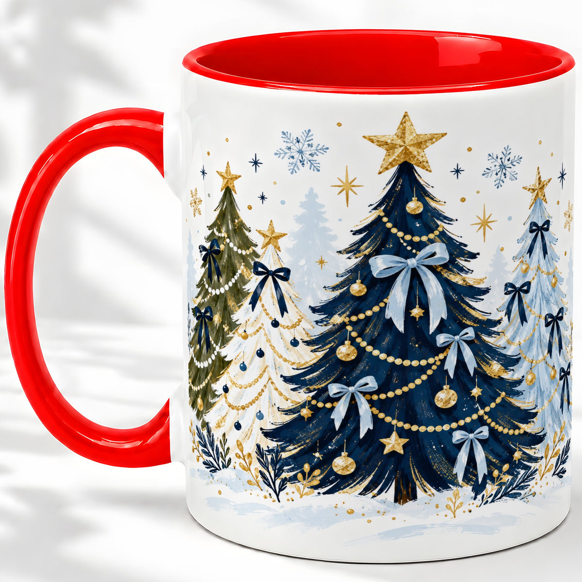 Navy Blue Christmas Trees Accent Mug, Ceramic Holiday Coffee Cup