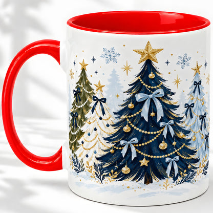Navy Blue Christmas Trees Accent Mug, Ceramic Holiday Coffee Cup