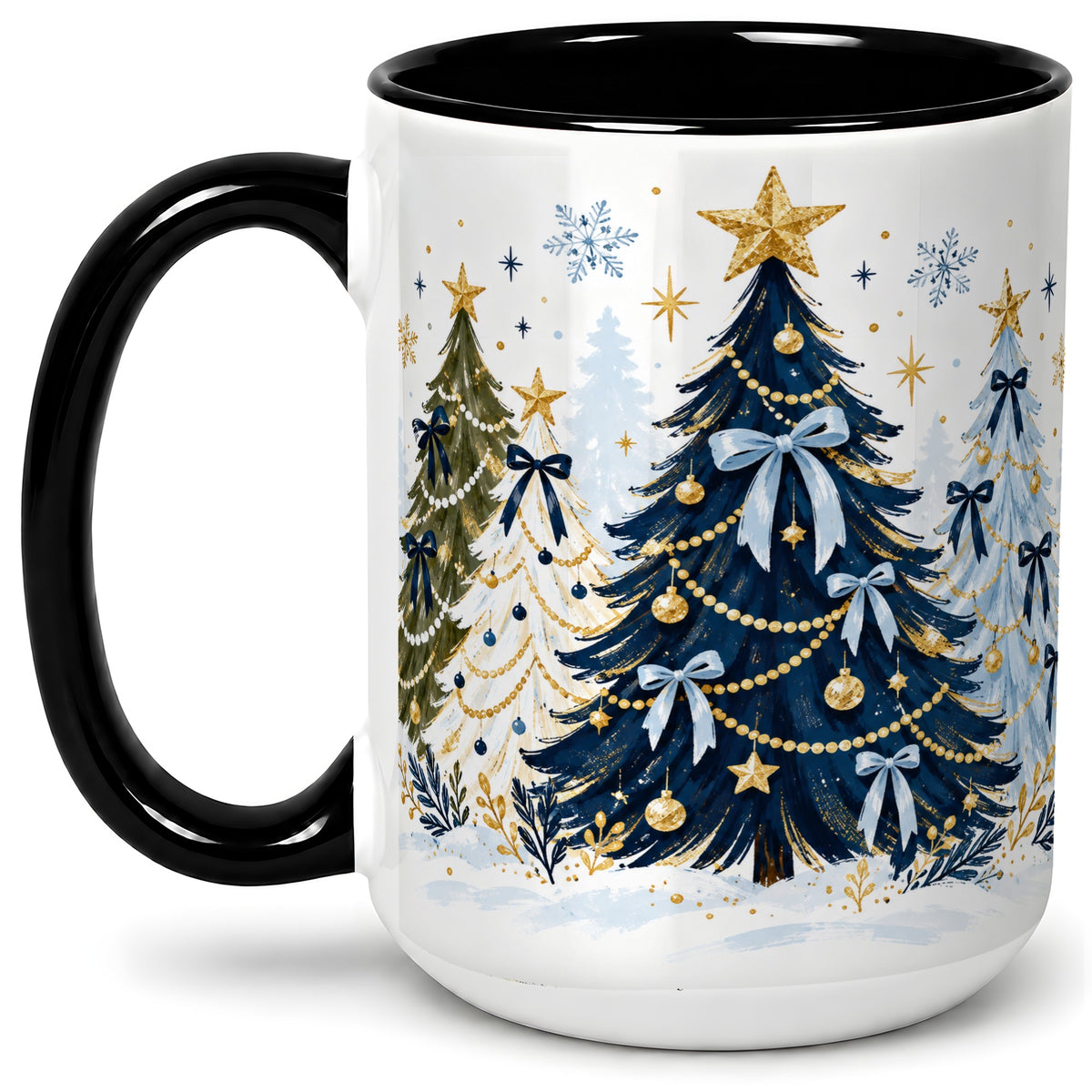 #pl[15oz|Black] Navy Blue Christmas Trees Accent Mug, Ceramic Holiday Coffee Cup