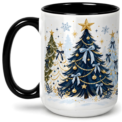 #pl[15oz|Black] Navy Blue Christmas Trees Accent Mug, Ceramic Holiday Coffee Cup