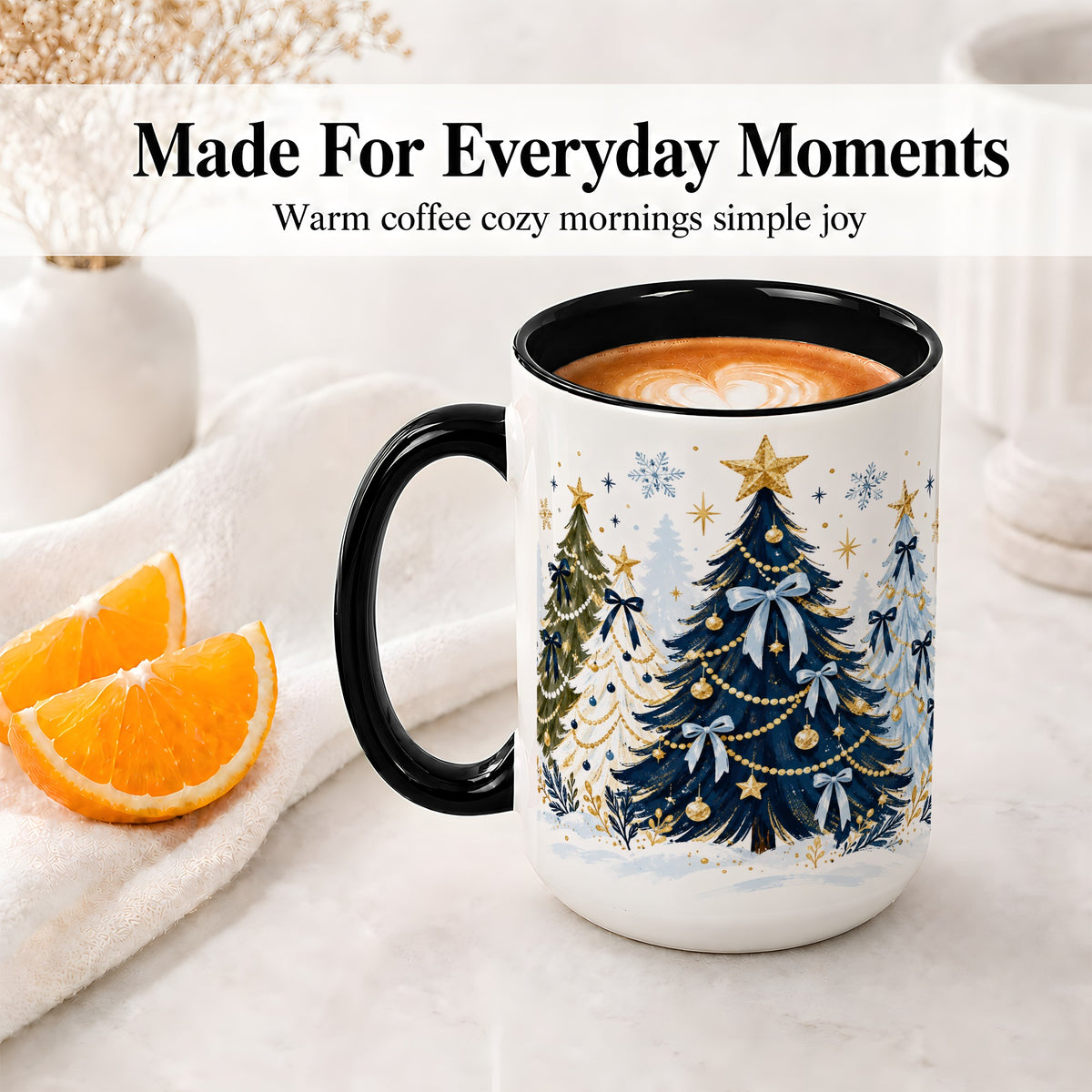 #pl[15oz|Black] Navy Blue Christmas Trees Accent Mug, Ceramic Holiday Coffee Cup