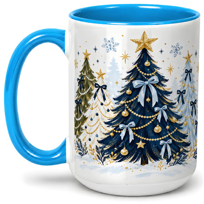 #pl[15oz|Blue] Navy Blue Christmas Trees Accent Mug, Ceramic Holiday Coffee Cup