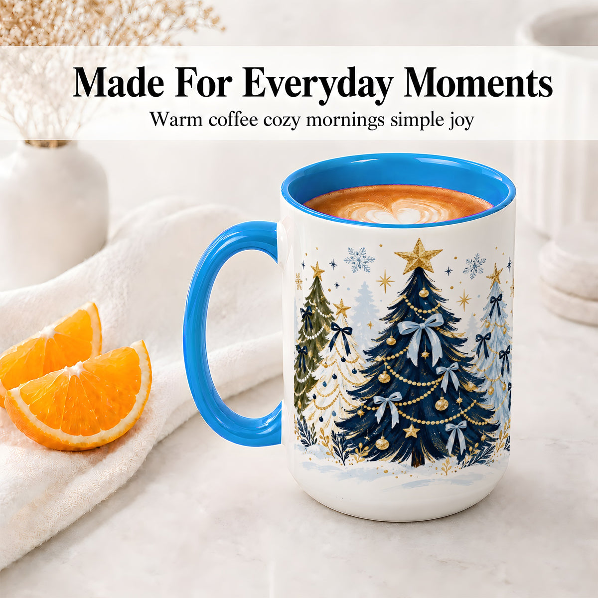 #pl[15oz|Blue] Navy Blue Christmas Trees Accent Mug, Ceramic Holiday Coffee Cup