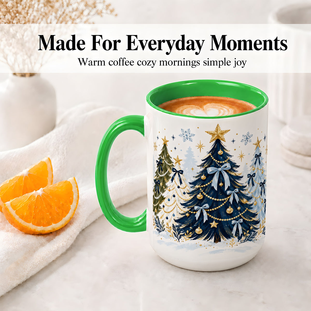 #pl[15oz|Green] Navy Blue Christmas Trees Accent Mug, Ceramic Holiday Coffee Cup