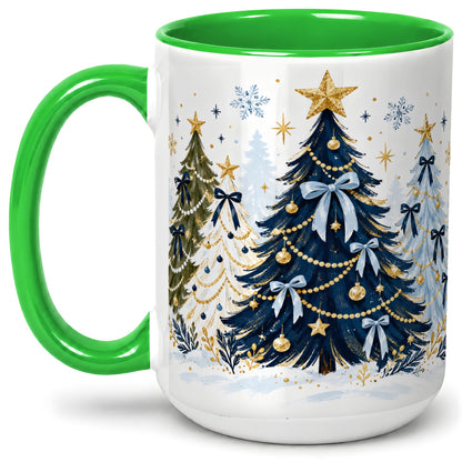 #pl[15oz|Green] Navy Blue Christmas Trees Accent Mug, Ceramic Holiday Coffee Cup