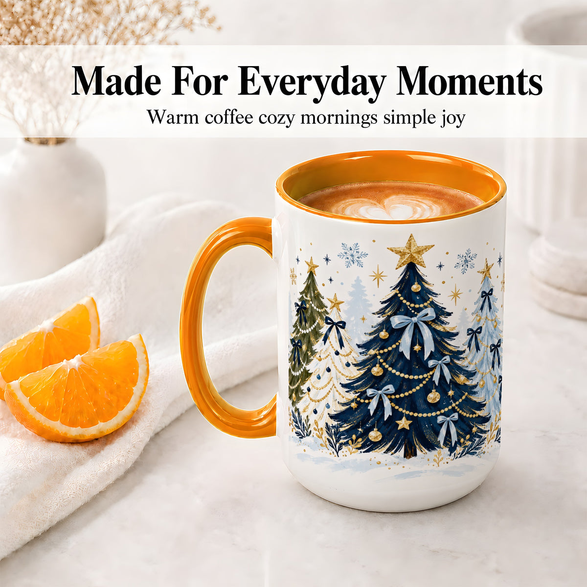 #pl[15oz|Orange] Navy Blue Christmas Trees Accent Mug, Ceramic Holiday Coffee Cup