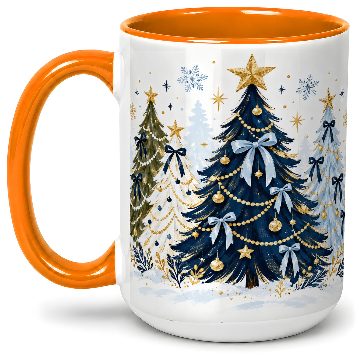 #pl[15oz|Orange] Navy Blue Christmas Trees Accent Mug, Ceramic Holiday Coffee Cup
