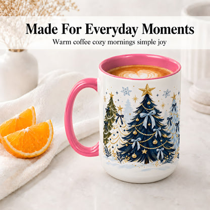 #pl[15oz|Pink] Navy Blue Christmas Trees Accent Mug, Ceramic Holiday Coffee Cup