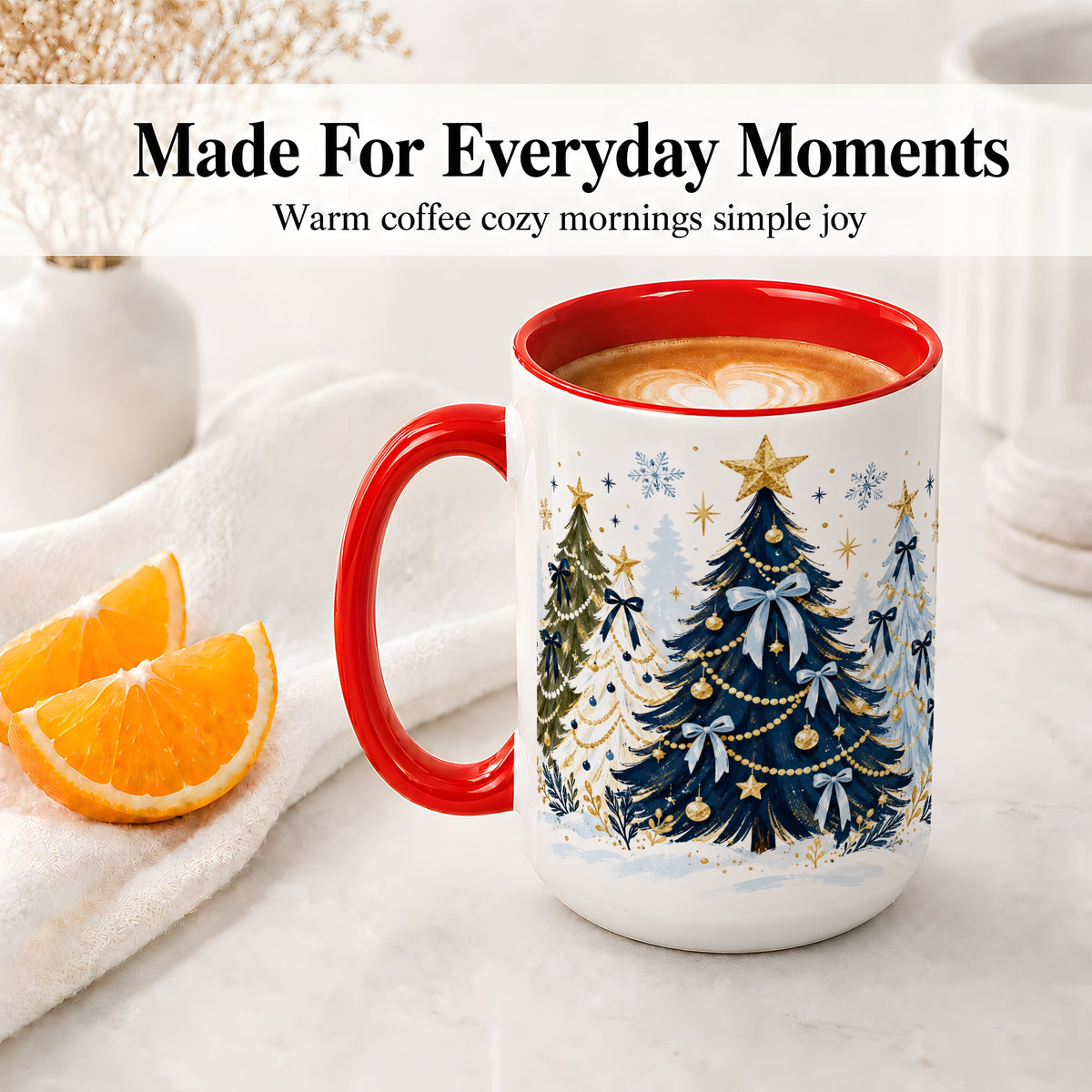 #pl[15oz|Red] Navy Blue Christmas Trees Accent Mug, Ceramic Holiday Coffee Cup