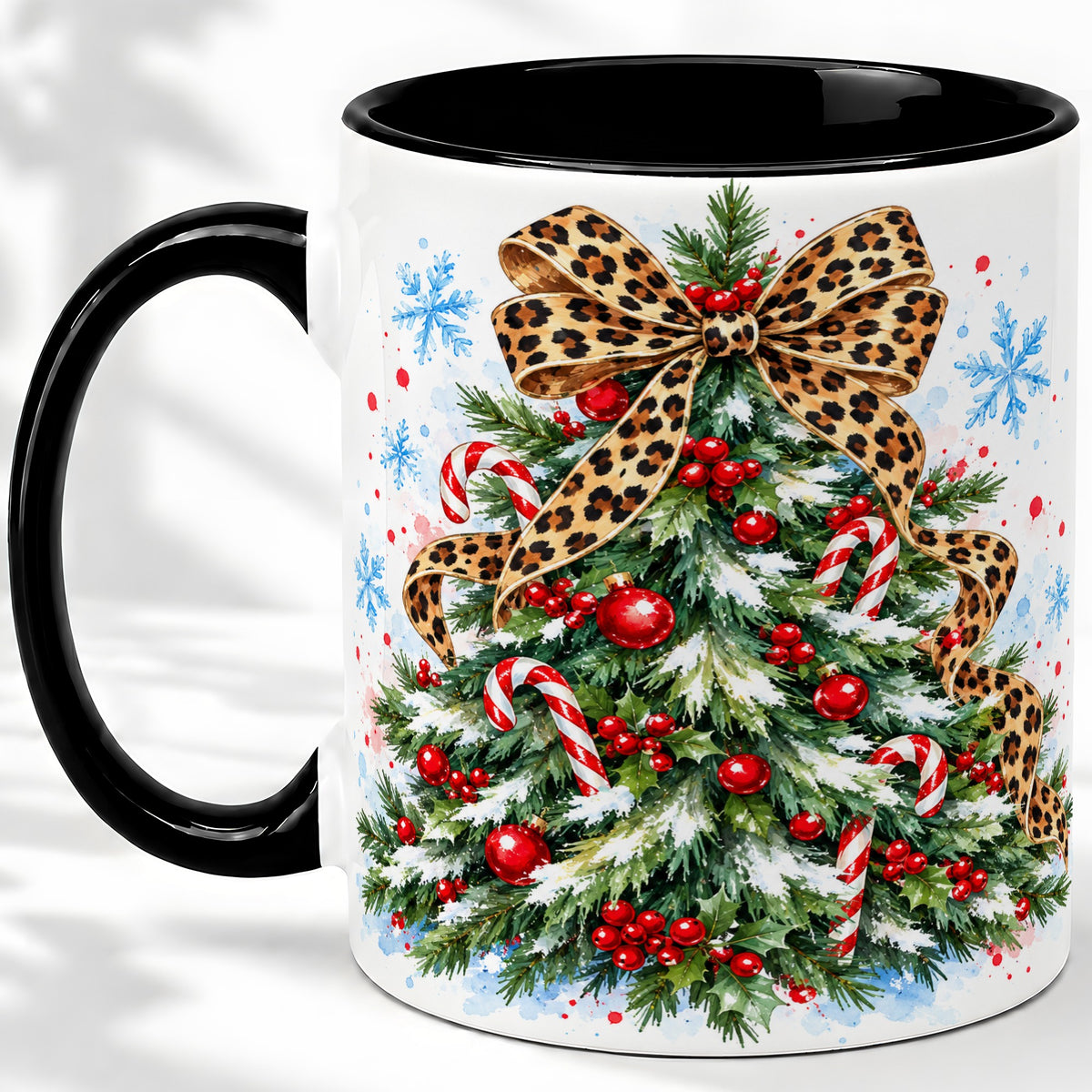 #pl[11oz|Black] Leopard Print Christmas Tree Accent Mug, Ceramic Holiday Cup