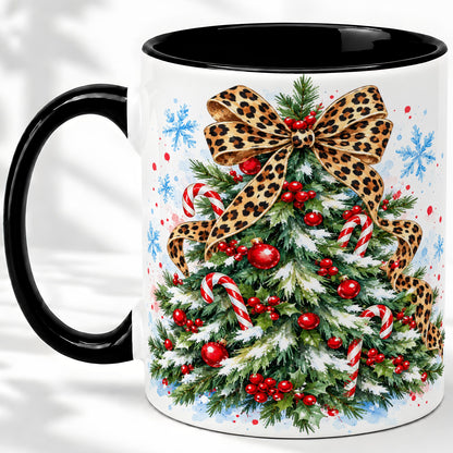 #pl[11oz|Black] Leopard Print Christmas Tree Accent Mug, Ceramic Holiday Cup