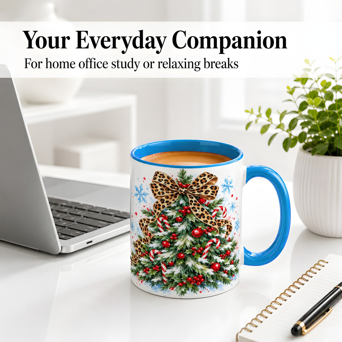 #pl[11oz|Blue] Leopard Print Christmas Tree Accent Mug, Ceramic Holiday Cup