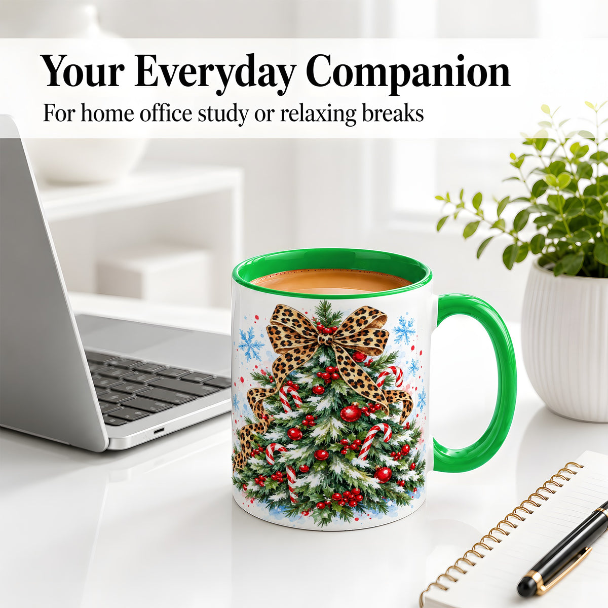 #pl[11oz|Green] Leopard Print Christmas Tree Accent Mug, Ceramic Holiday Cup