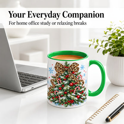 #pl[11oz|Green] Leopard Print Christmas Tree Accent Mug, Ceramic Holiday Cup