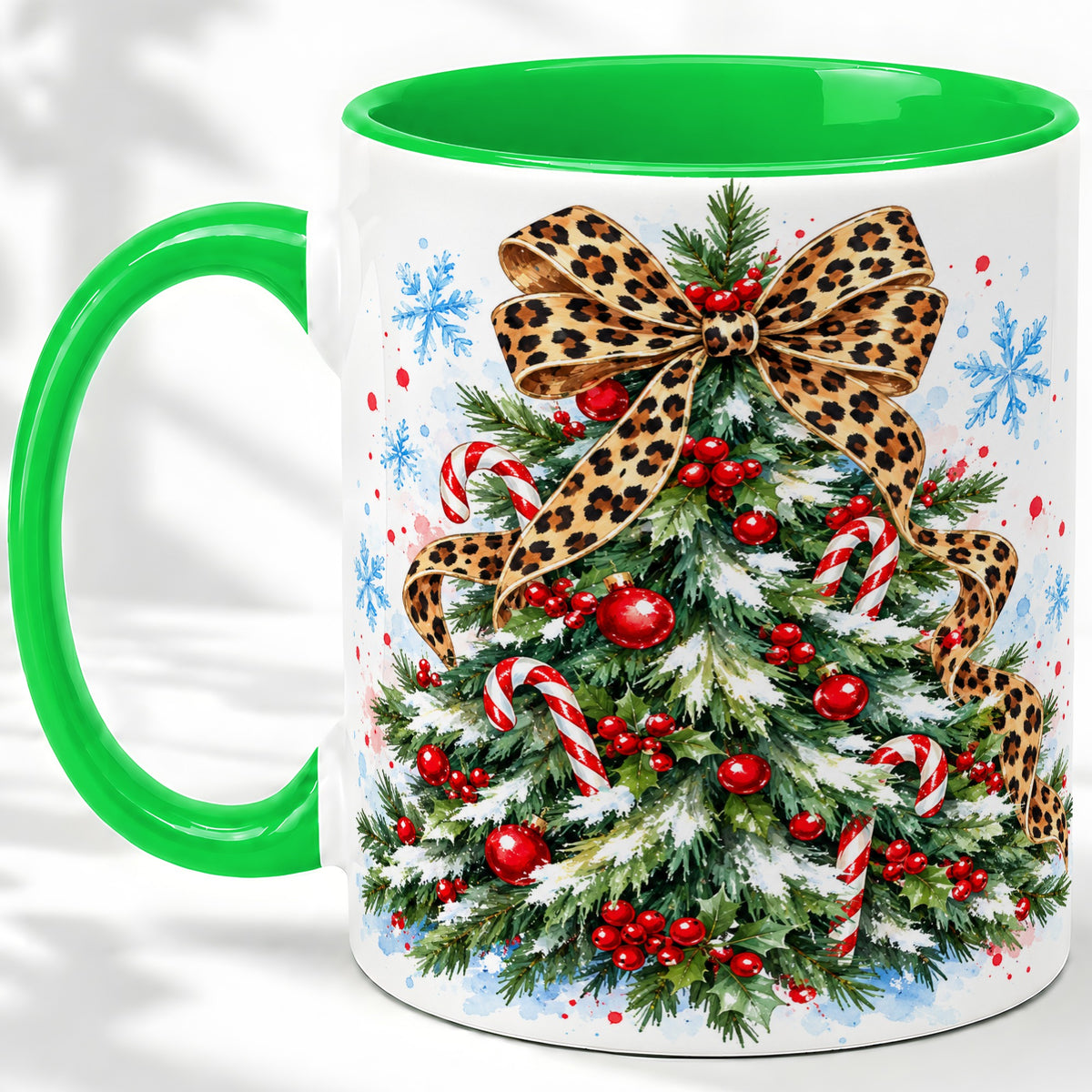 #pl[11oz|Green] Leopard Print Christmas Tree Accent Mug, Ceramic Holiday Cup