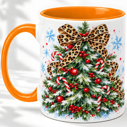 #pl[11oz|Orange] Leopard Print Christmas Tree Accent Mug, Ceramic Holiday Cup