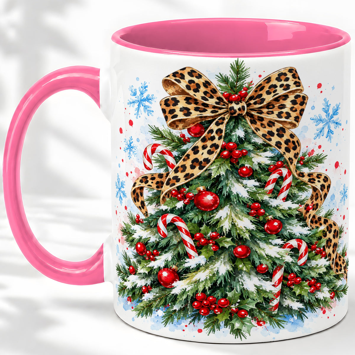 #pl[11oz|Pink] Leopard Print Christmas Tree Accent Mug, Ceramic Holiday Cup