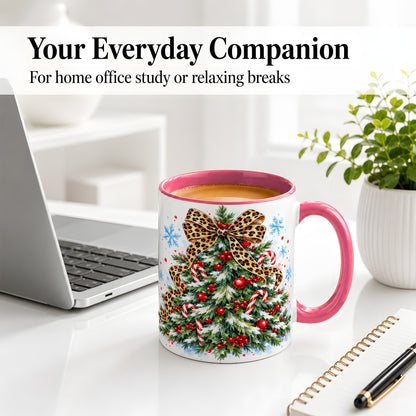 #pl[11oz|Pink] Leopard Print Christmas Tree Accent Mug, Ceramic Holiday Cup