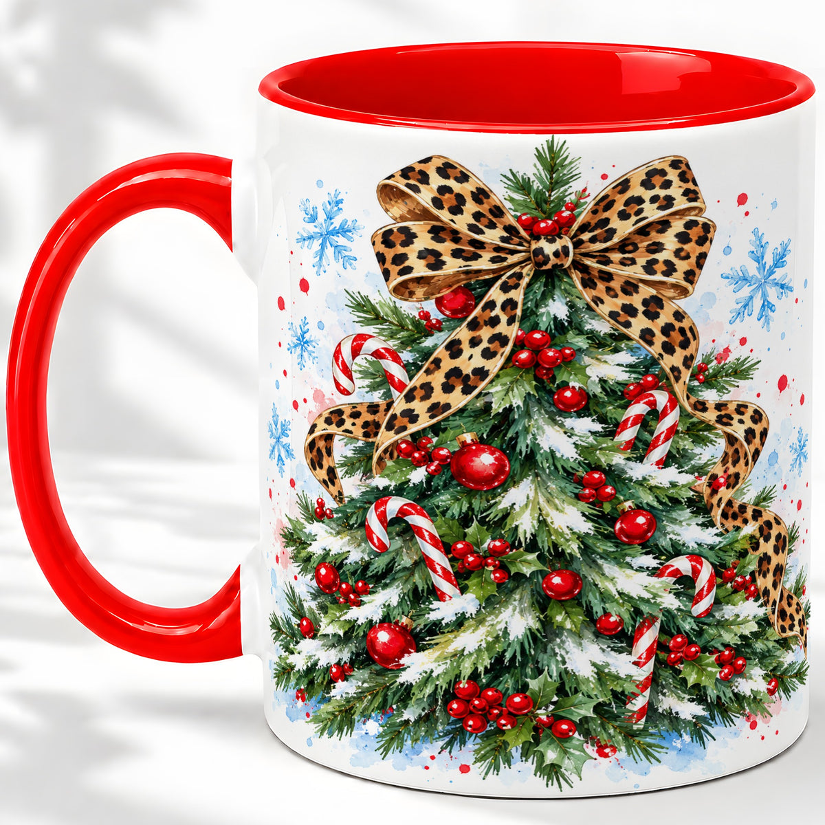 Leopard Print Christmas Tree Accent Mug, Ceramic Holiday Cup