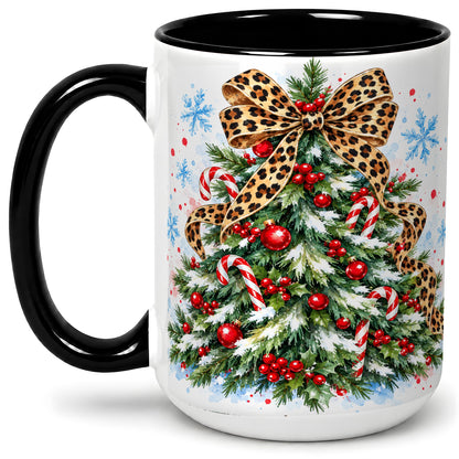 #pl[15oz|Black] Leopard Print Christmas Tree Accent Mug, Ceramic Holiday Cup